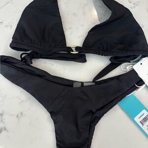 Beach Bunny Black Georgia and Tango Ribbed Halter Bikini Set - L